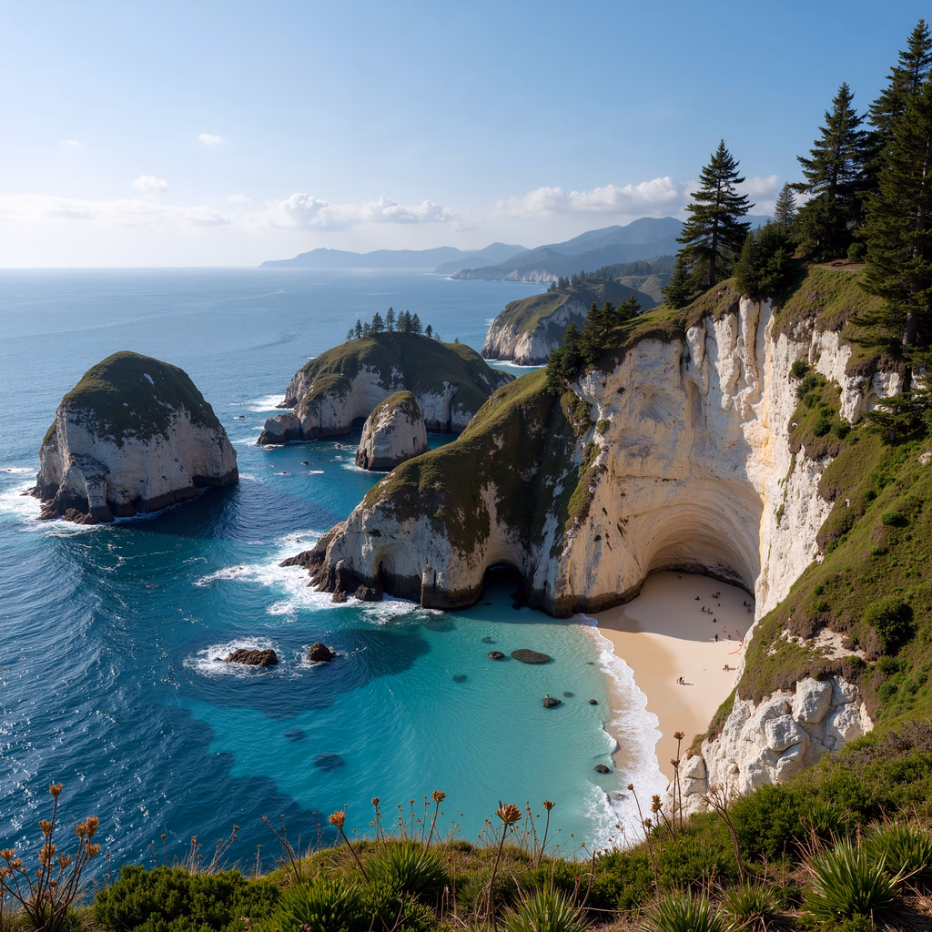 A stunning cove surrounded by cliffs and vibrant turquoise waters.