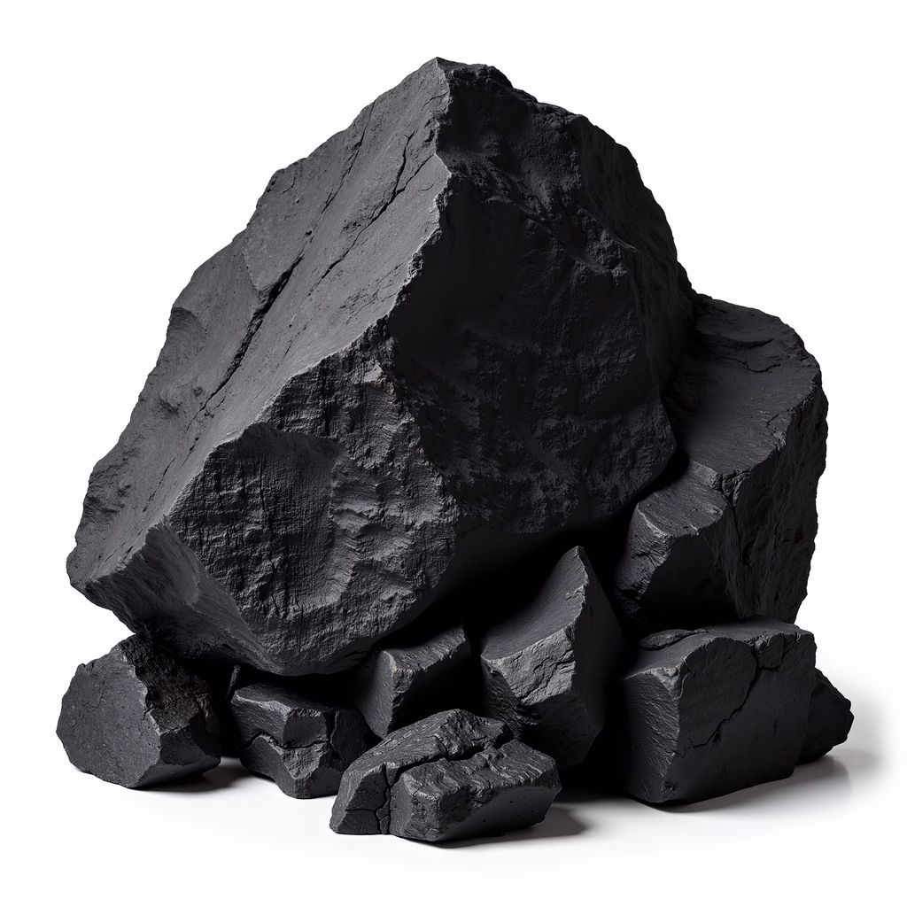 Rugged pile of coal against a stark white background.