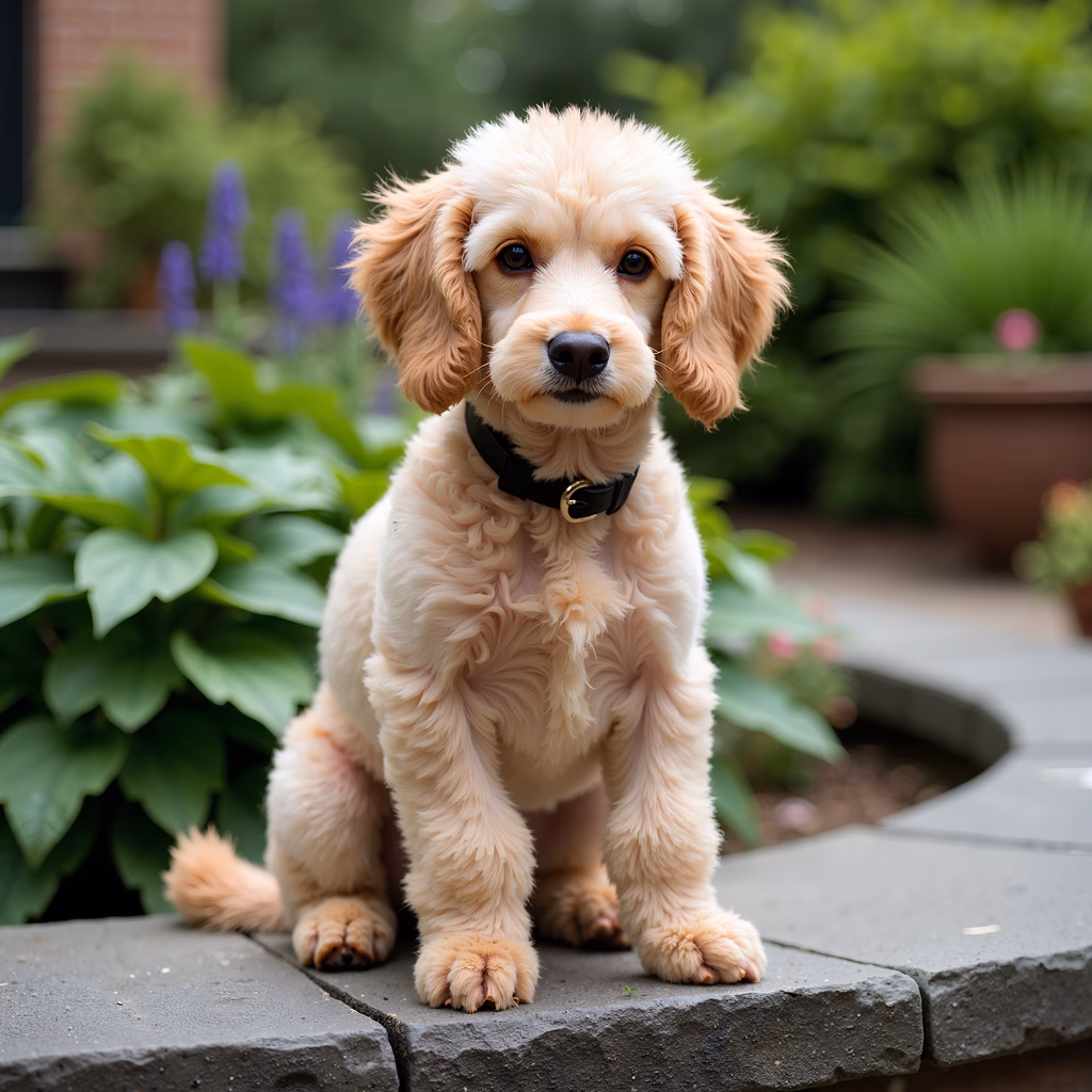 Fluffy Cocker Spaniel puppy sitting on a stone step, gazing curiously at the camera.