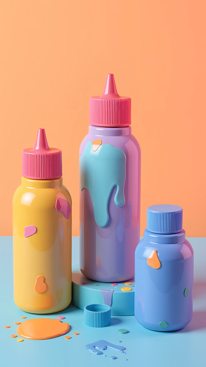 Brightly colored paint bottles on a teal base, creating a playful and creative vibe.