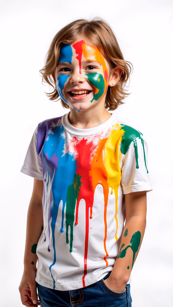 Brightly painted child with a joyful expression, standing against a white backdrop.