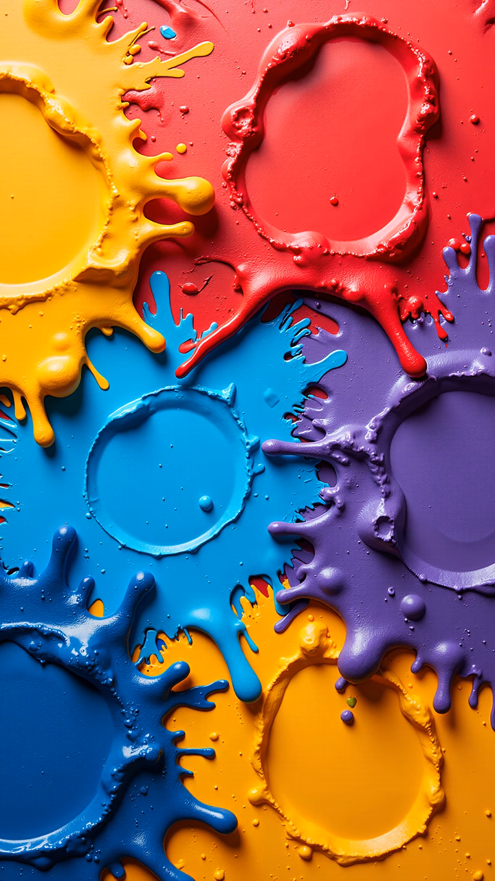Vibrant paint splashes in primary colors create a dynamic and energetic visual experience.