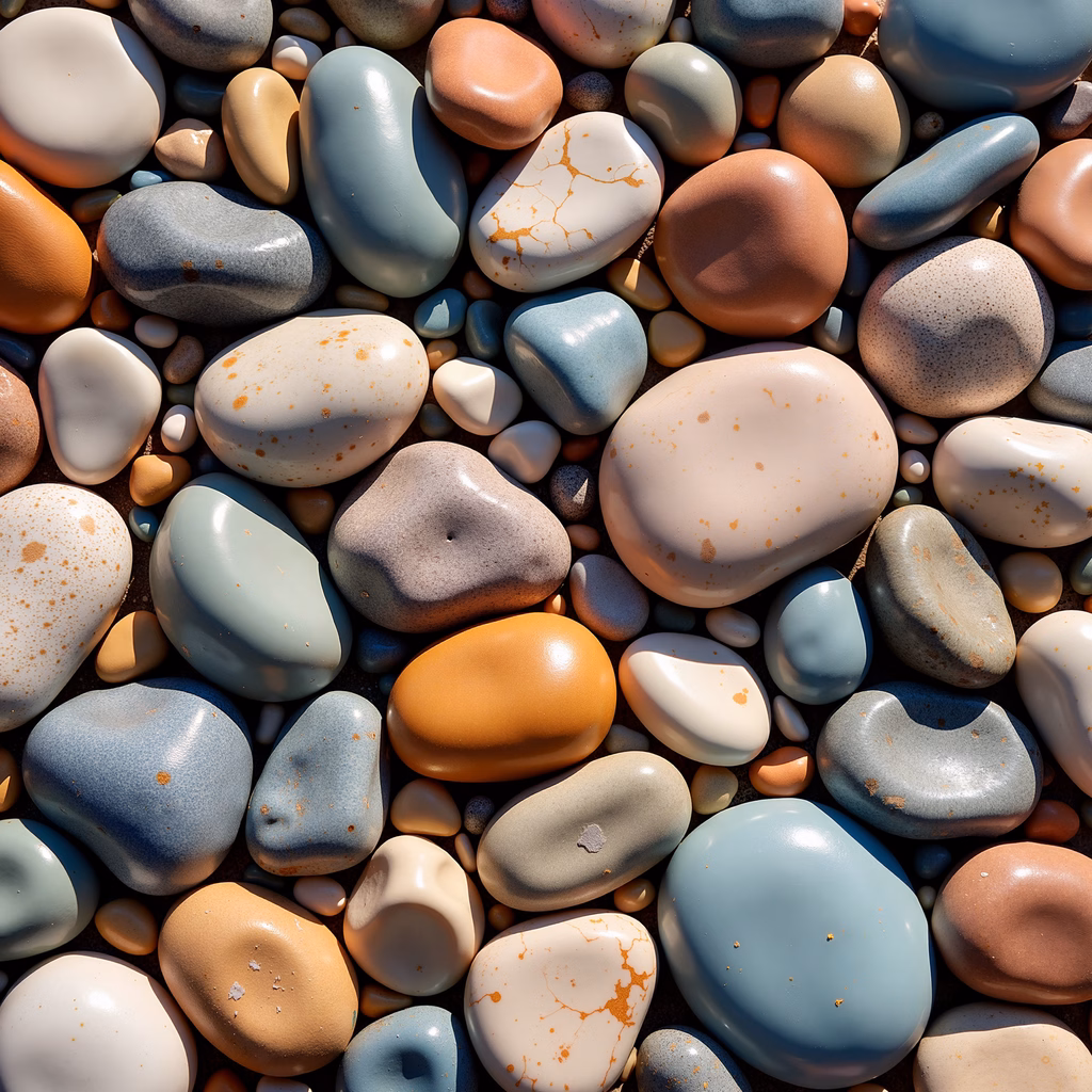 Vibrant pebbles in earthy tones, glossy surfaces, serene atmosphere