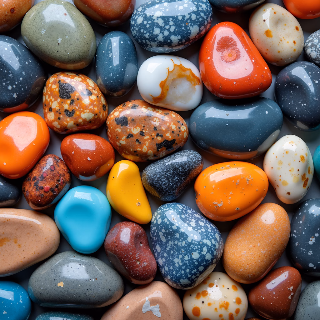 A colorful collection of glossy stones showcasing vibrant hues and textures.