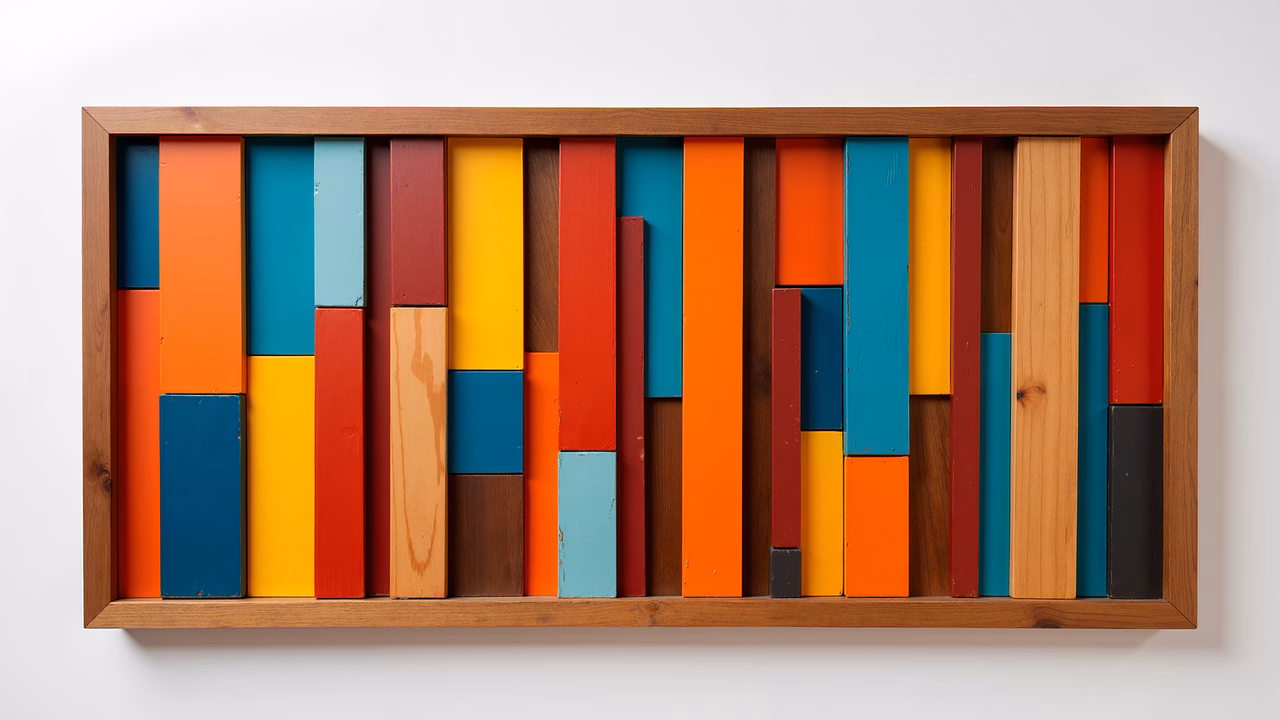 Boldly colored wooden blocks create a vibrant and textured illustration.