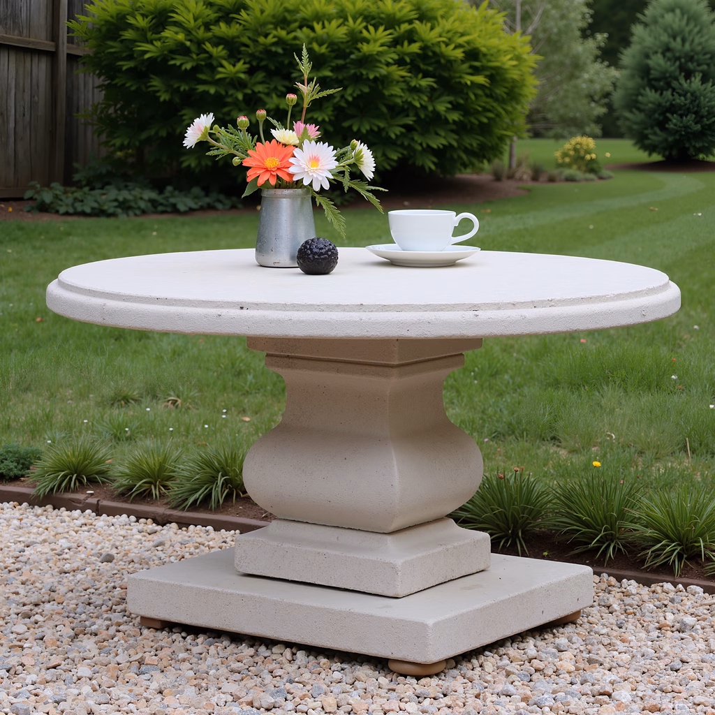 A peaceful outdoor setting with a concrete table, flowers, and a teacup, surrounded by greenery.