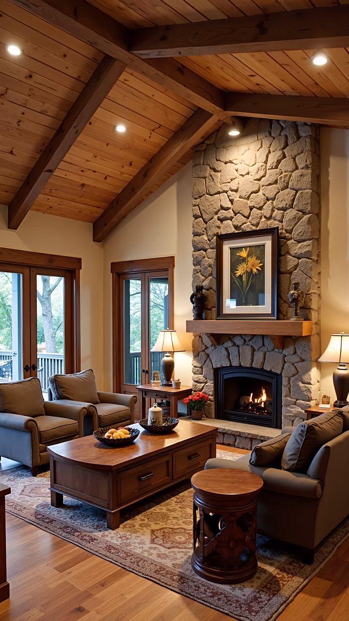 Warm and inviting living room with a stone fireplace and wooden ceiling beams.