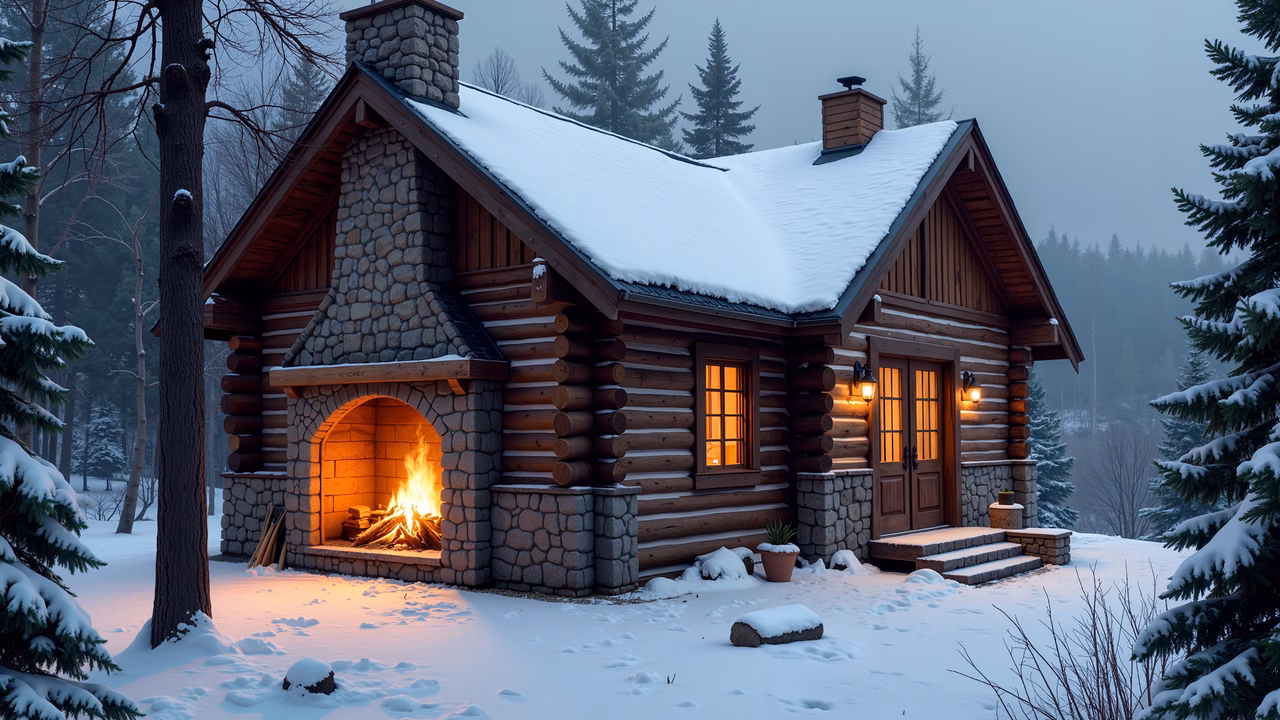 Warm cabin fire in snowy woods