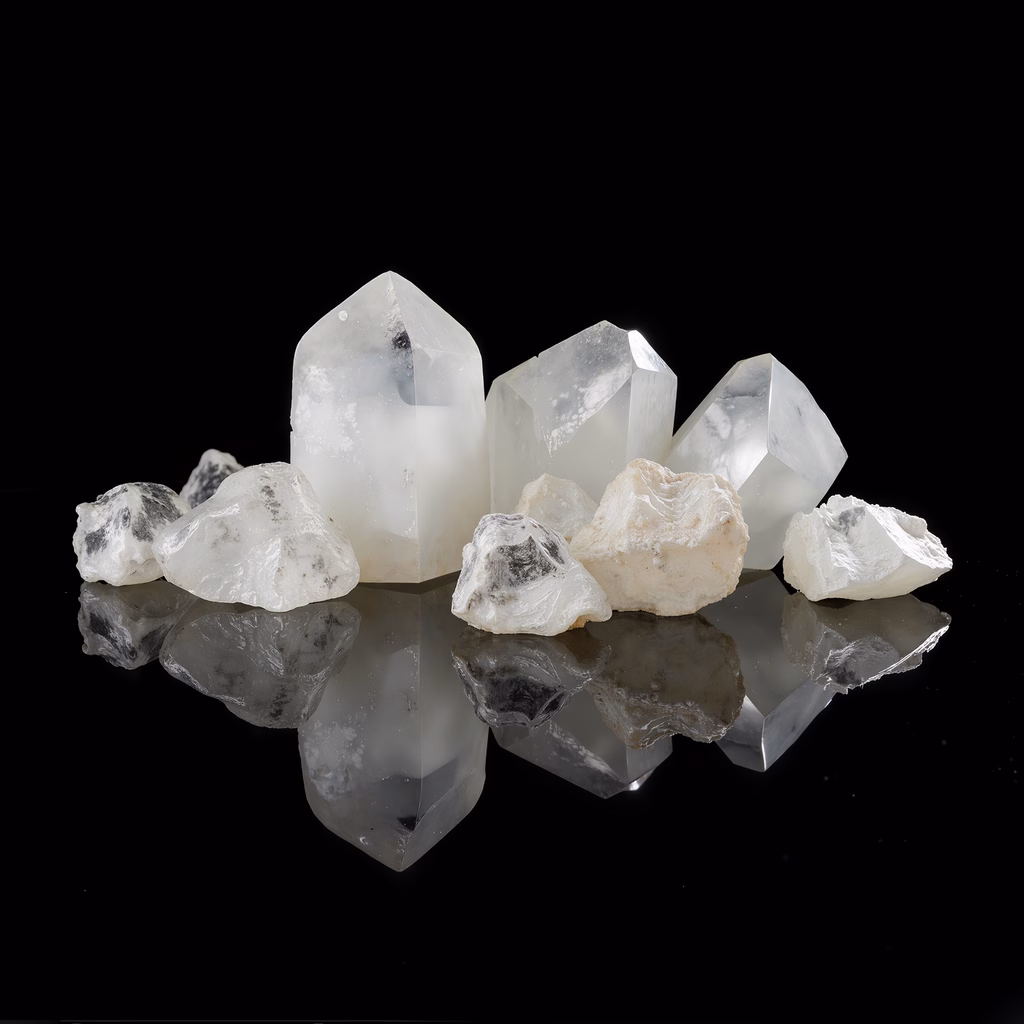 White crystal cluster with dark specks reflected on a glossy black surface.