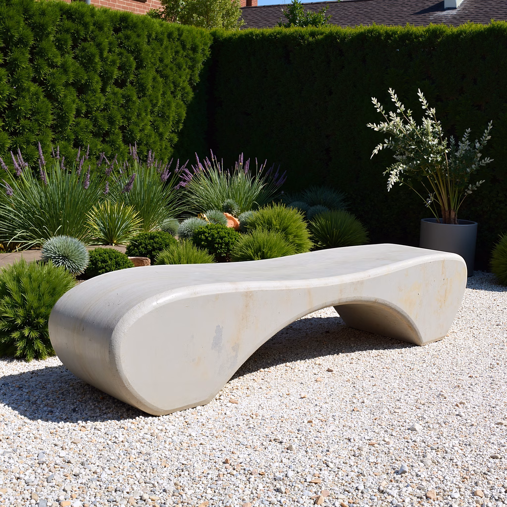 A curved stone bench amidst a tranquil garden setting, surrounded by greenery and bathed in natural light.
