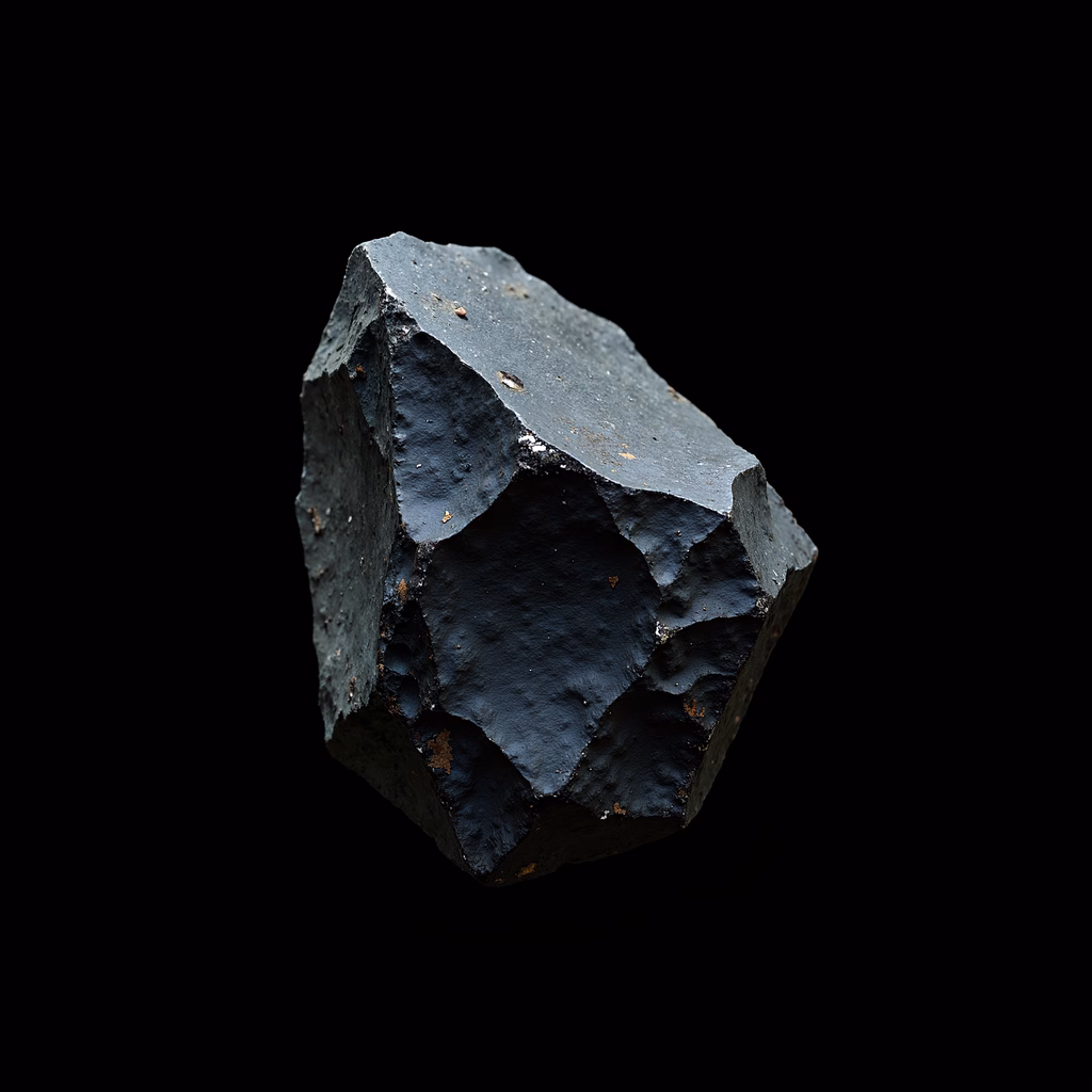 Close-up of a dark, textured crystal on a black background.