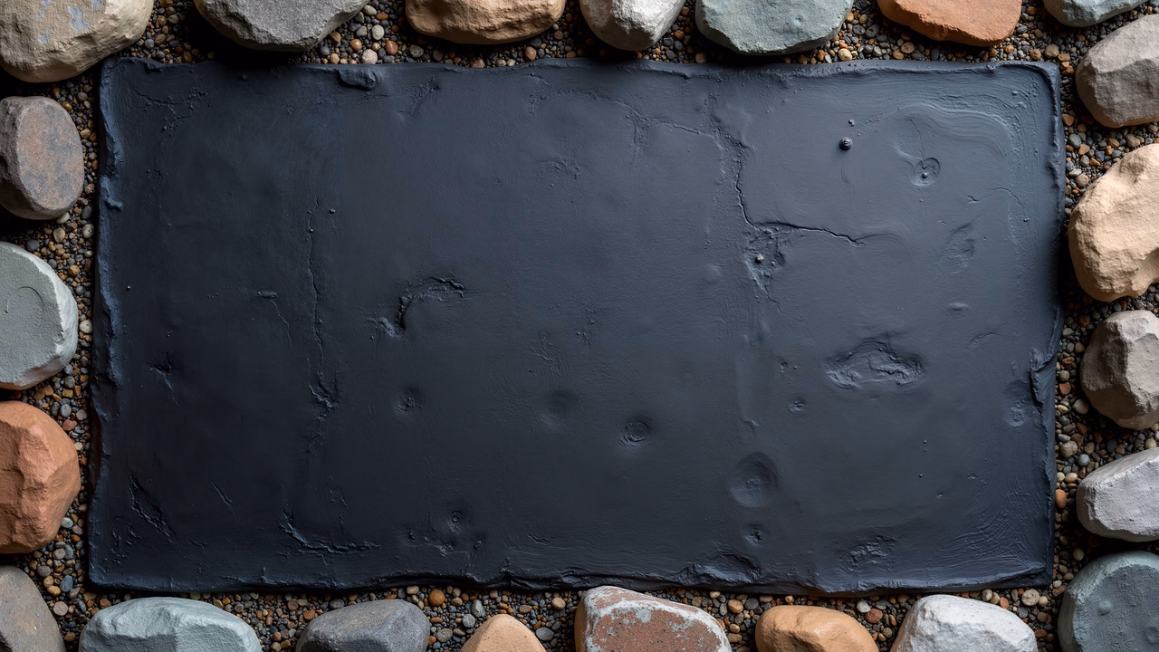 Dark slate resting on a bed of stones, creating a serene natural scene.