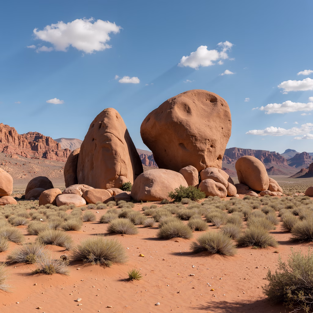 A serene desert scene with red rocks and sparse vegetation under a clear blue sky.