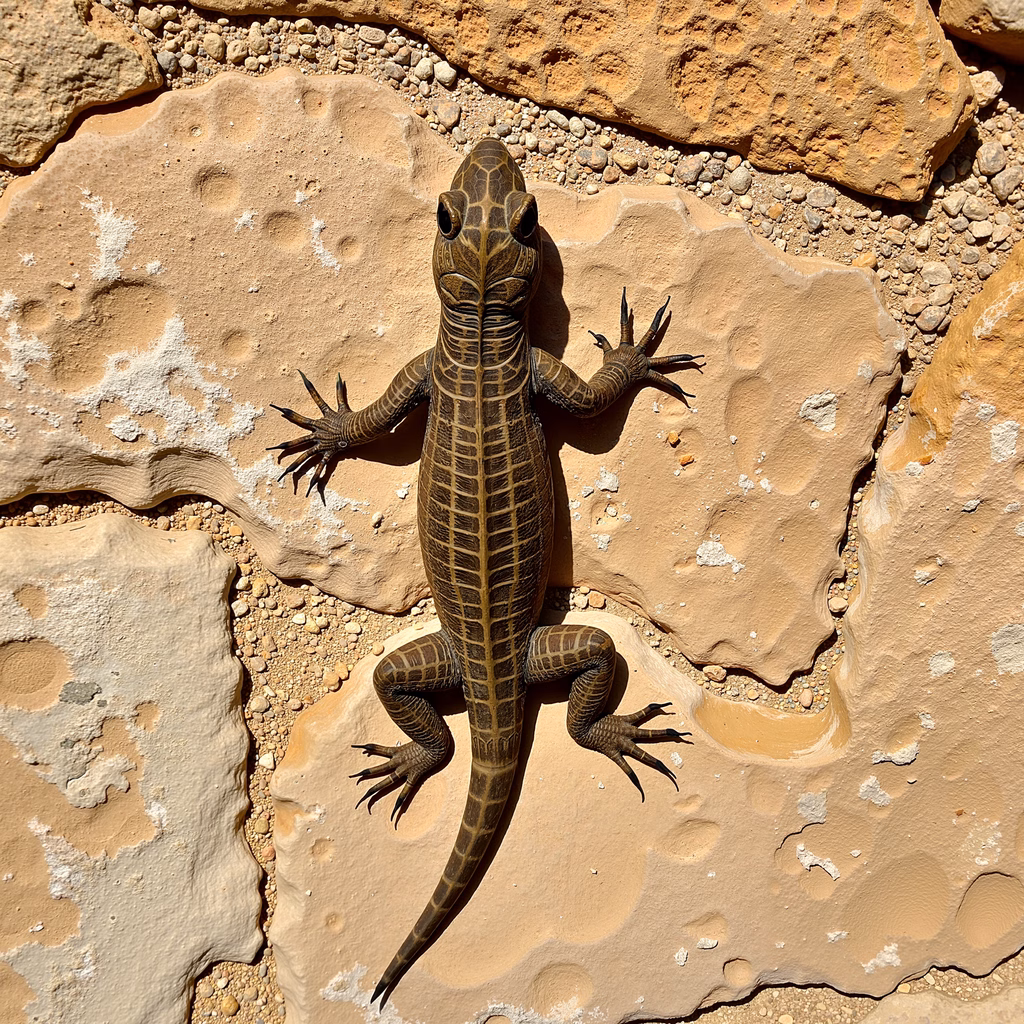 Close-up of a desert lizard gripping rocks in bright sunlight.