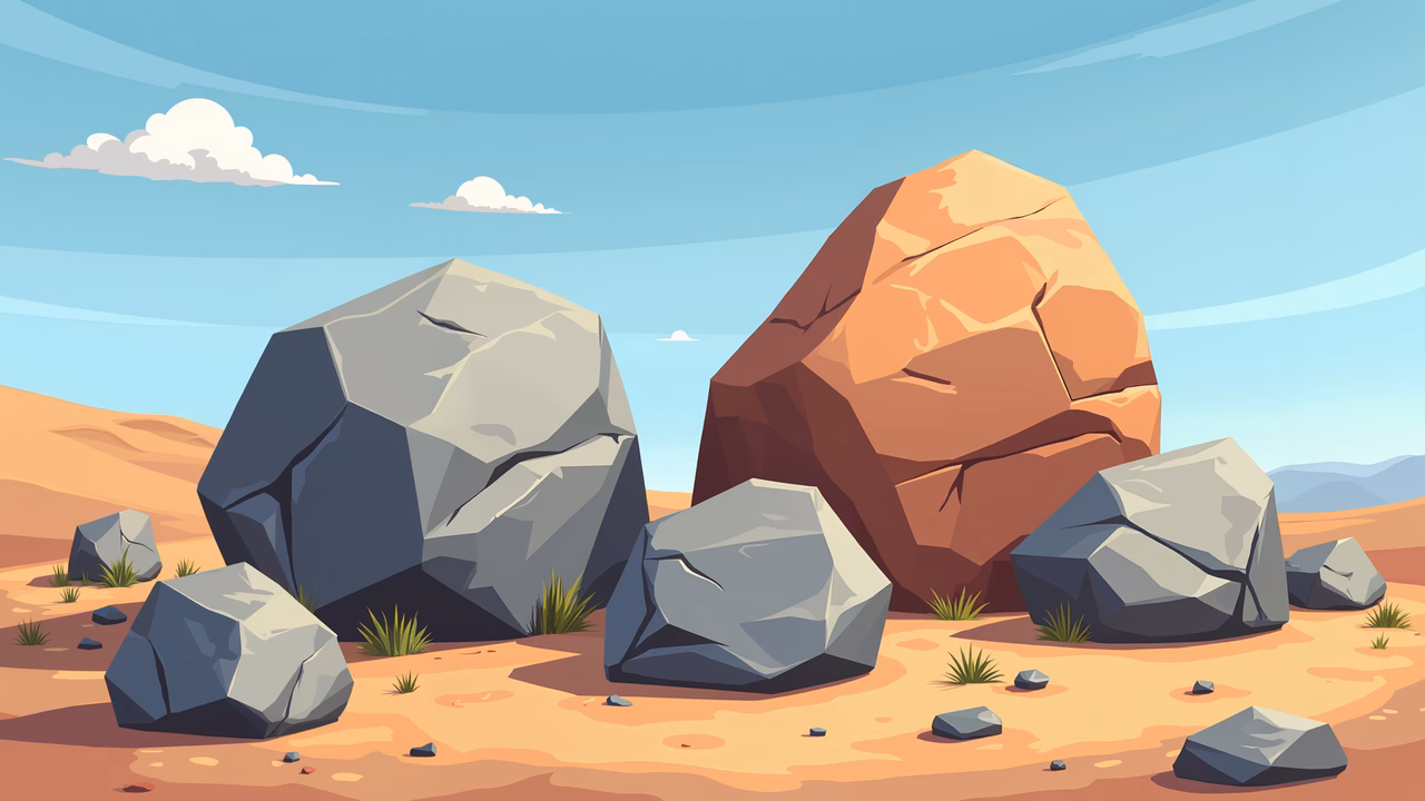 Rugged desert rocks against a serene sky in an illustration.