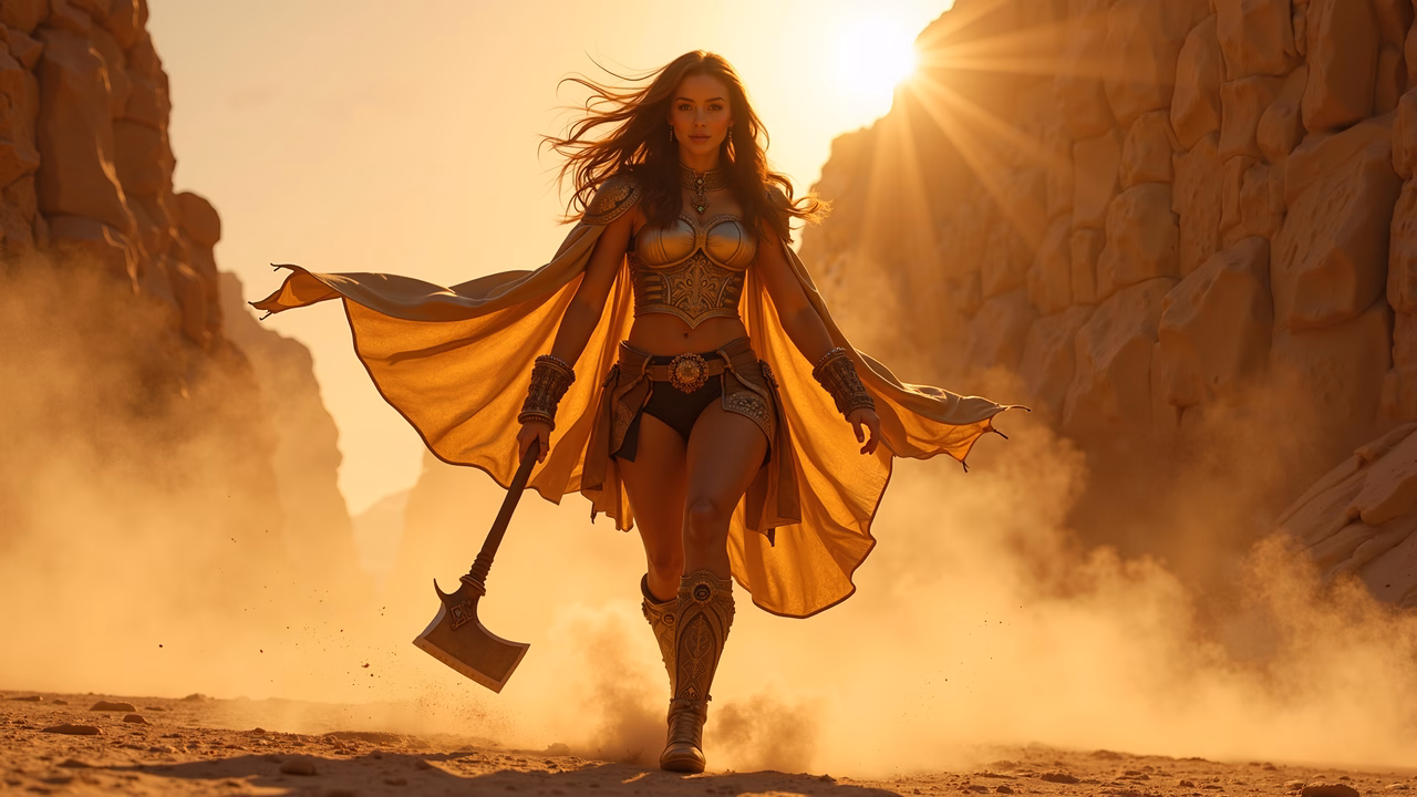 A warrior woman in golden armor strides through a desert sunset, embodying strength and determination.