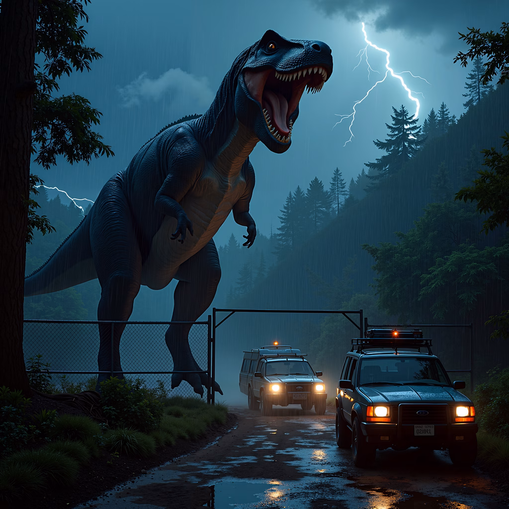 Tyrannosaurus Rex confronts two SUVs in a stormy forest under lightning.