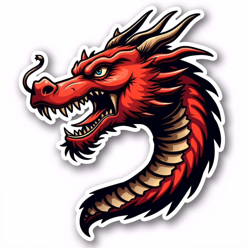 Fierce dragon with red and black scales, blue eyes, and sharp teeth.