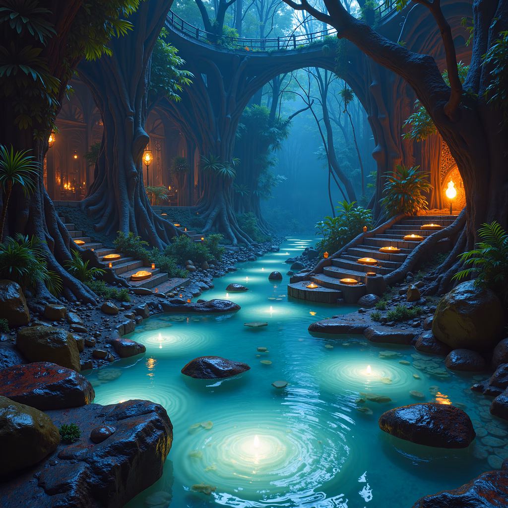 A mystical forest path lit by lanterns, blending nature and fantasy.