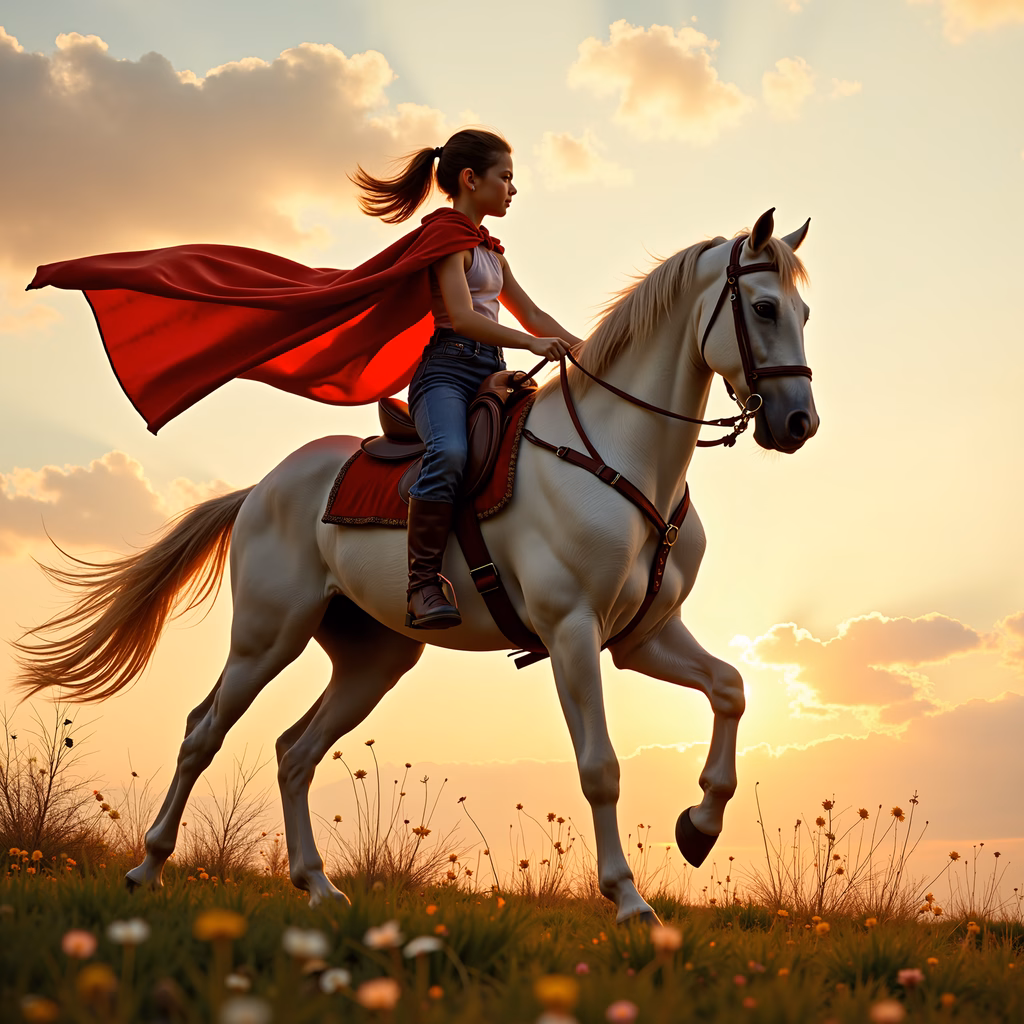 Dynamic equestrian adventure with vibrant sunset and flowing red cape.