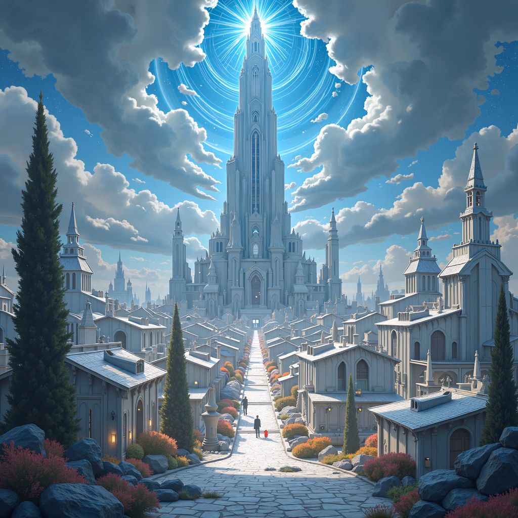 A serene, ethereal city with Gothic architecture and divine light.