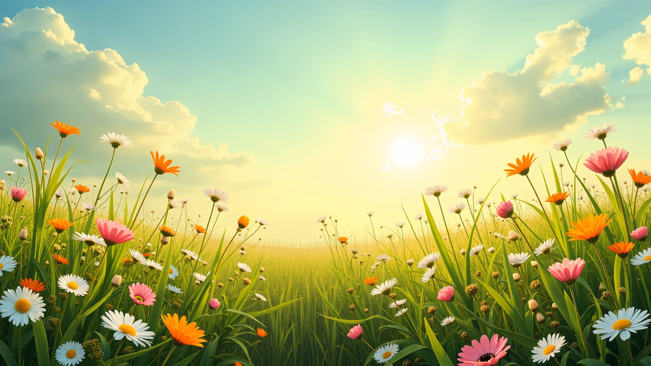 Bright floral field under a sunny sky, evoking a sense of peace and happiness.