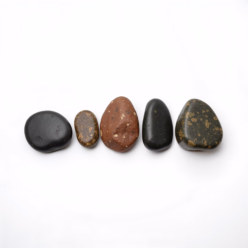 Minimalist stone arrangement with varied textures and colors on a white background.