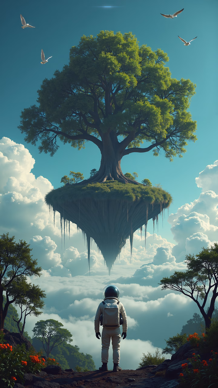 A floating tree in a surreal landscape with a curious astronaut.