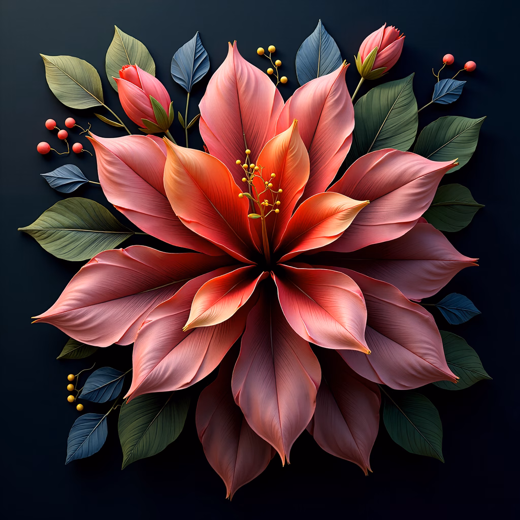 A detailed illustration of a colorful floral arrangement against a dark background.