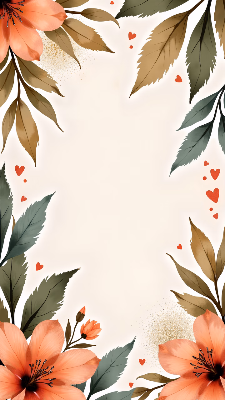 Romantic floral frame with orange flowers and red hearts for Valentine's Day.