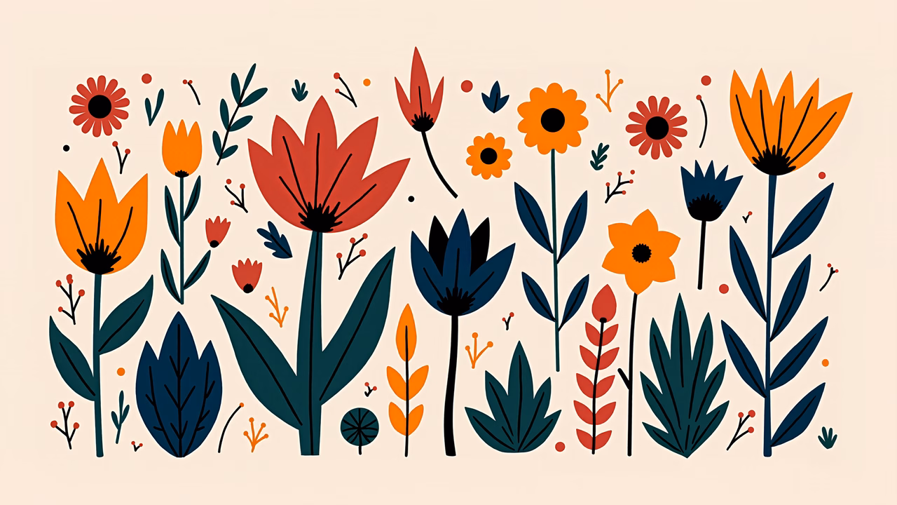 Vibrant floral illustration with bold colors and geometric shapes.