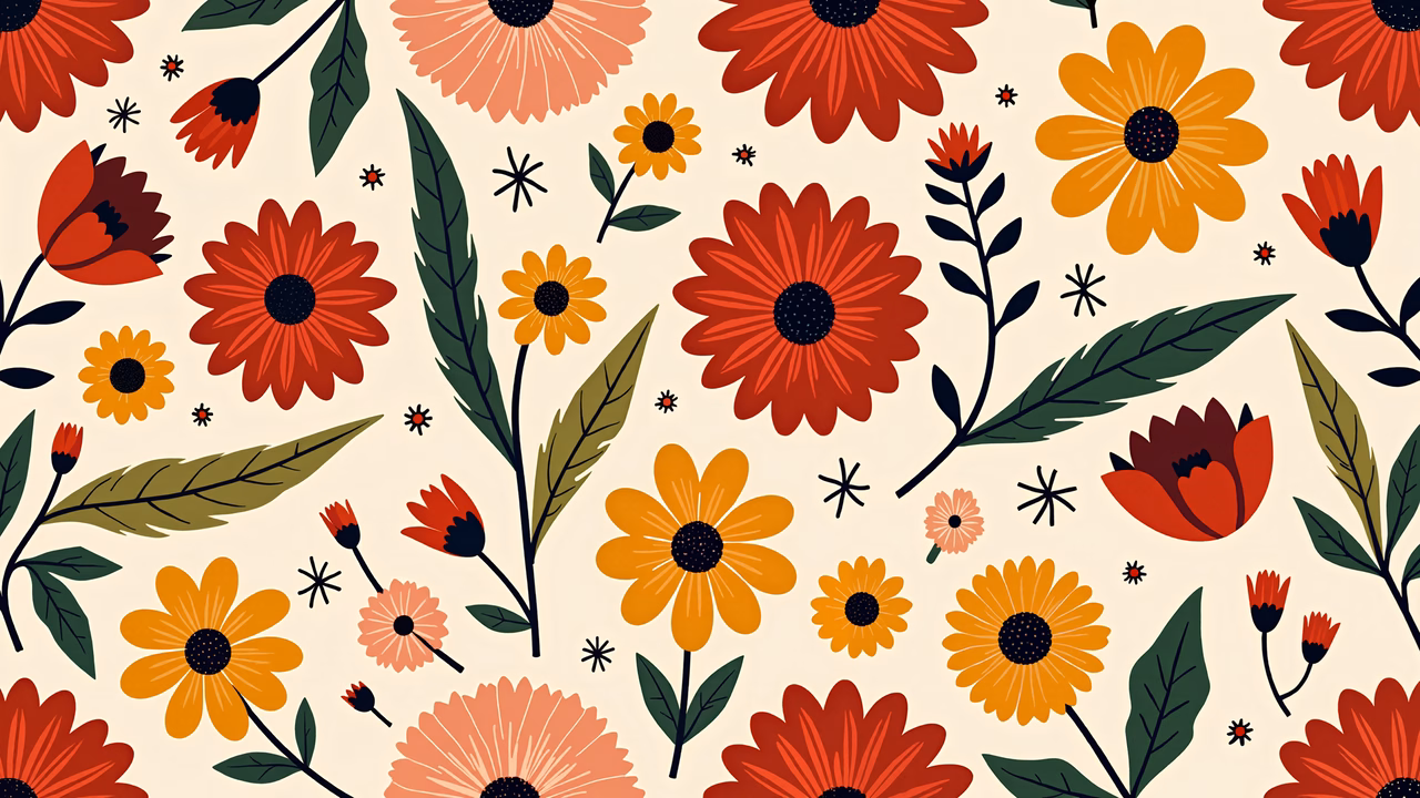 Vibrant floral pattern in warm tones, folk art style.