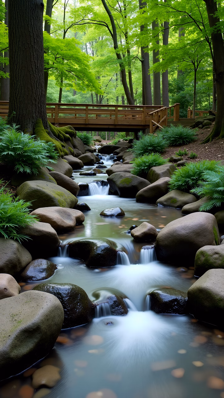 A peaceful forest stream with a wooden bridge and lush greenery.