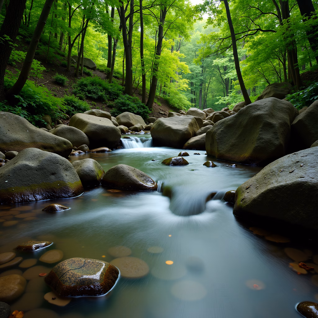 A peaceful forest stream surrounded by lush greenery and large rocks.