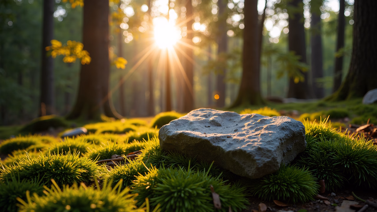 Golden sunlight illuminates a tranquil forest scene with a moss-covered rock.