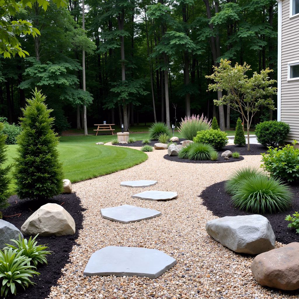 A peaceful garden pathway surrounded by greenery and leading to a picnic spot under tall trees.