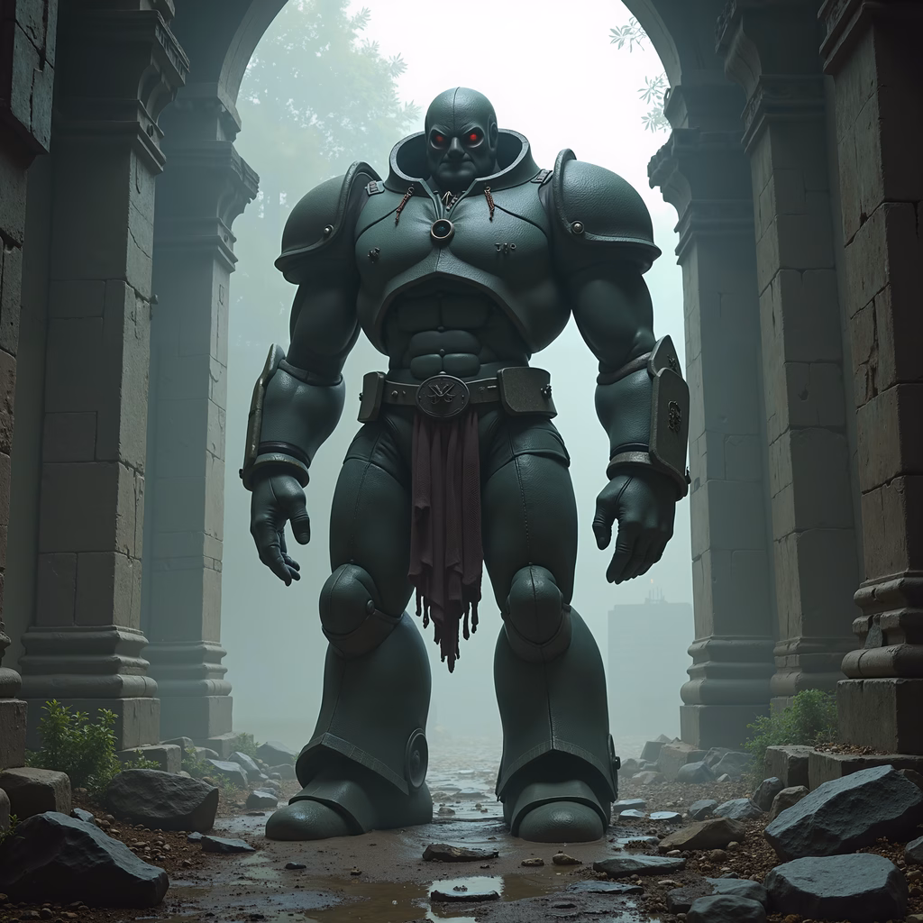 A giant warrior in dark green armor stands in a misty, decaying ruin.