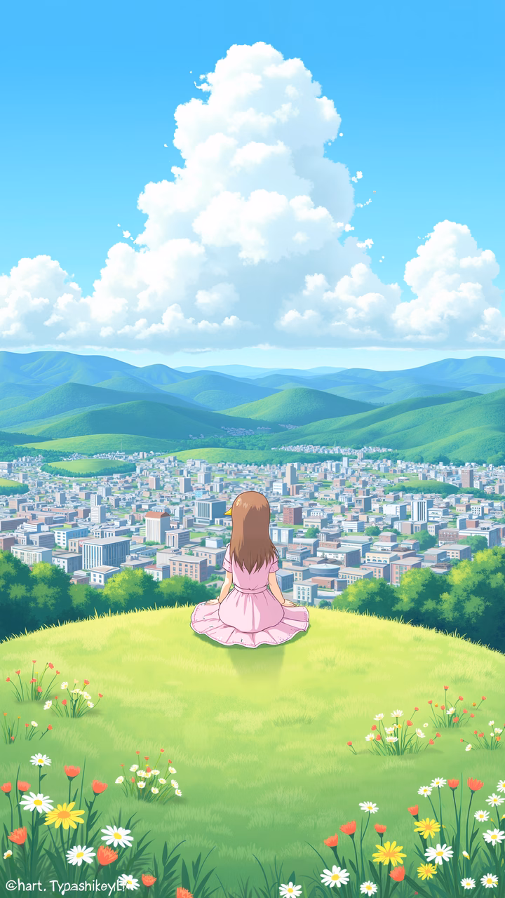 A girl in a pink dress sits atop a green hill, overlooking a cityscape under a clear blue sky.