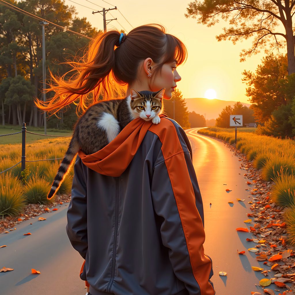 Girl with cat at sunset, serene companionship, warm tones, autumnal landscape