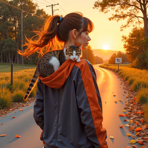 Girl with Cat at Sunset