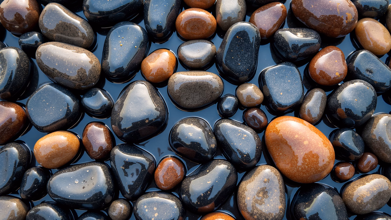 Close-up of glistening rocks on a dark surface, showcasing natural beauty and tranquility.