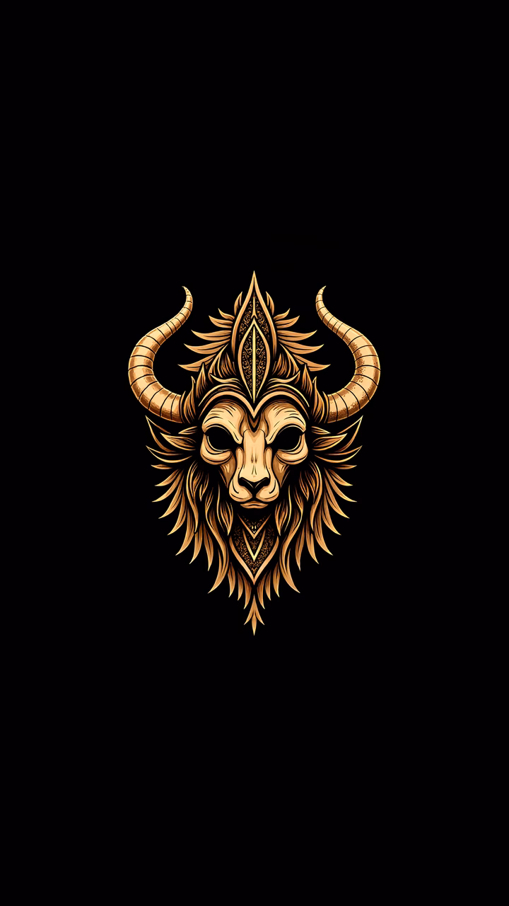 Golden bull illustration with intricate details on a black background