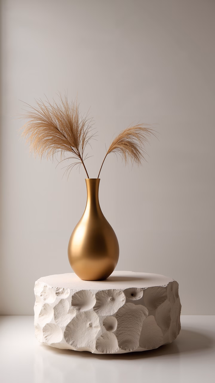 Minimalist still life with golden vase and dried grass on a textured pedestal.
