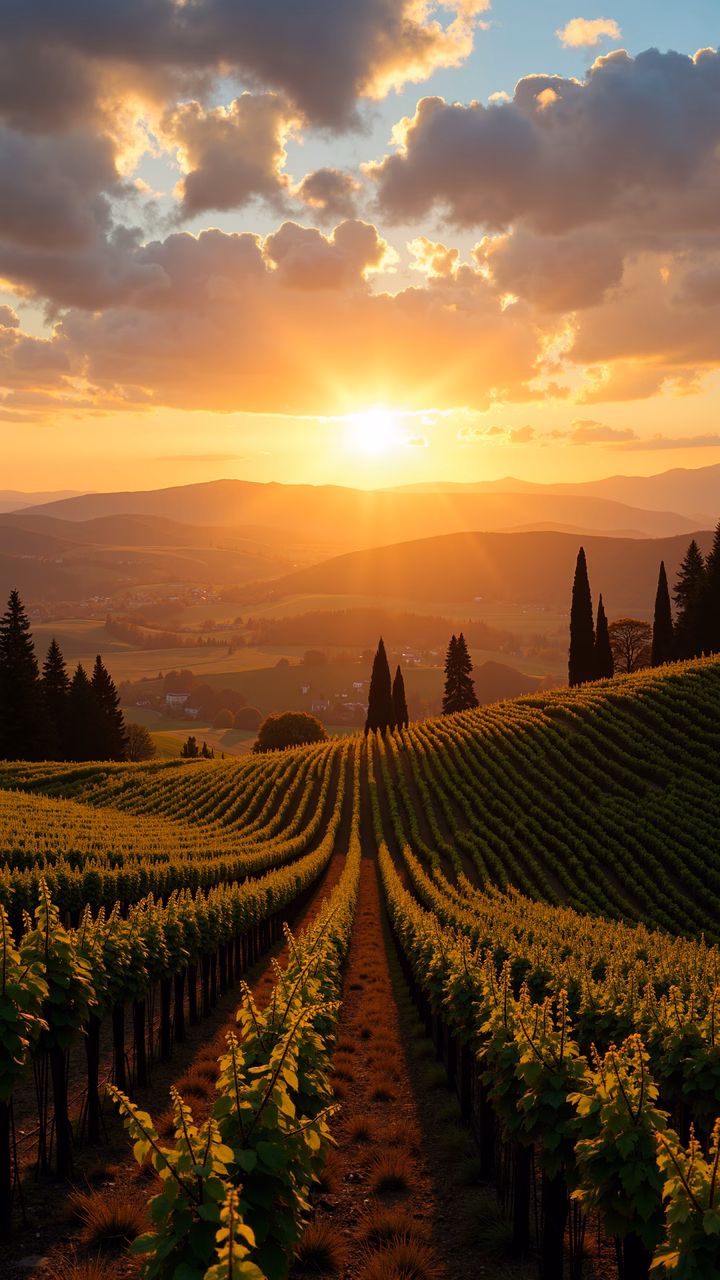 Golden vineyard sunset with dramatic clouds and lush grapevines.