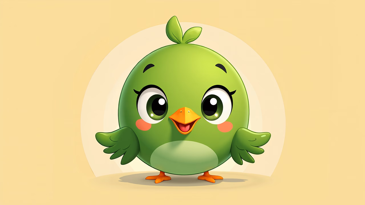 A cute green bird with big eyes and a bright beak, perfect for children's illustrations.