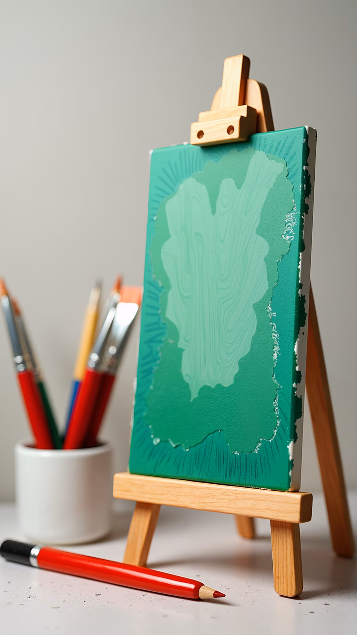 Vibrant green canvas on a wooden easel surrounded by paintbrushes and a red pencil, symbolizing creativity and artistic preparation.