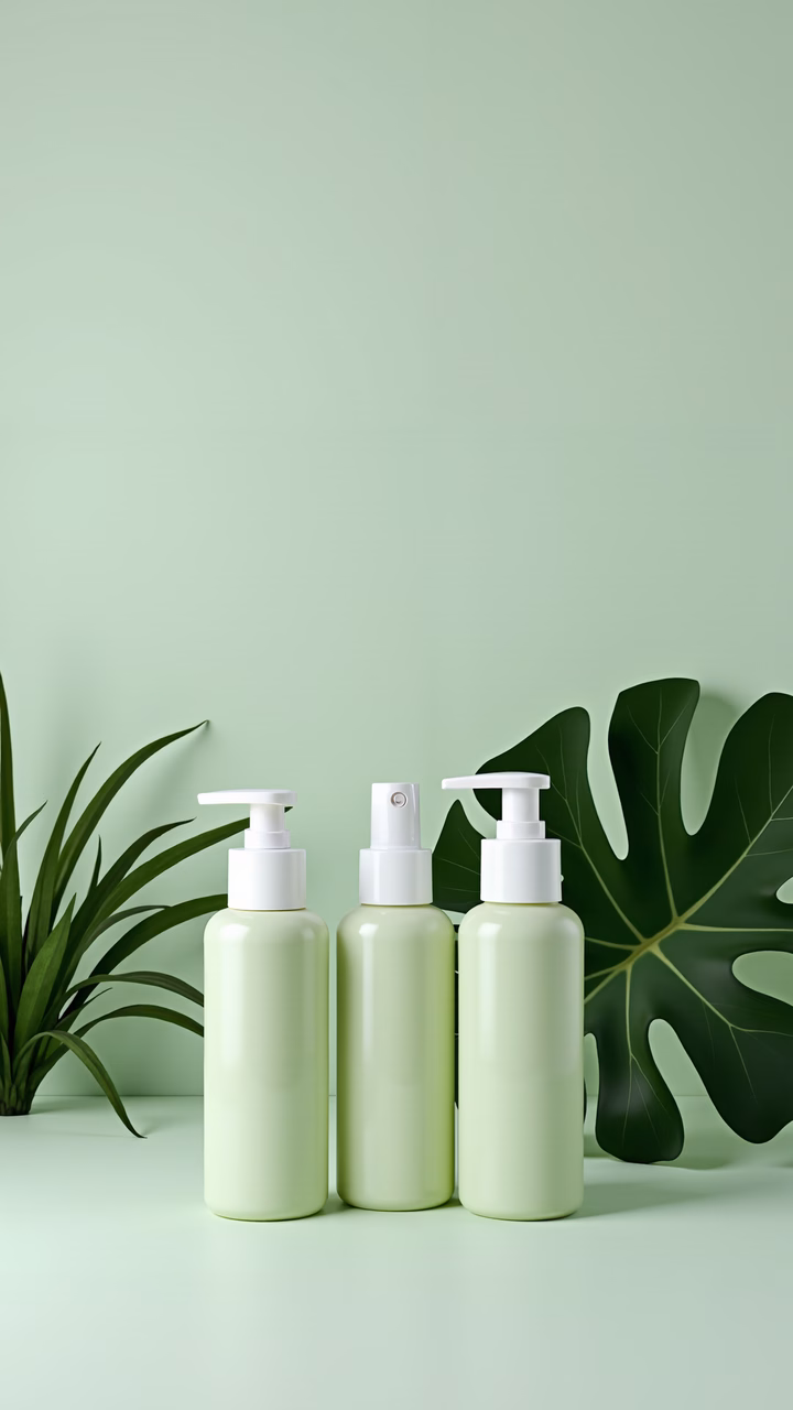 Minimalist green cosmetics bottles with natural accents on a pastel green background.