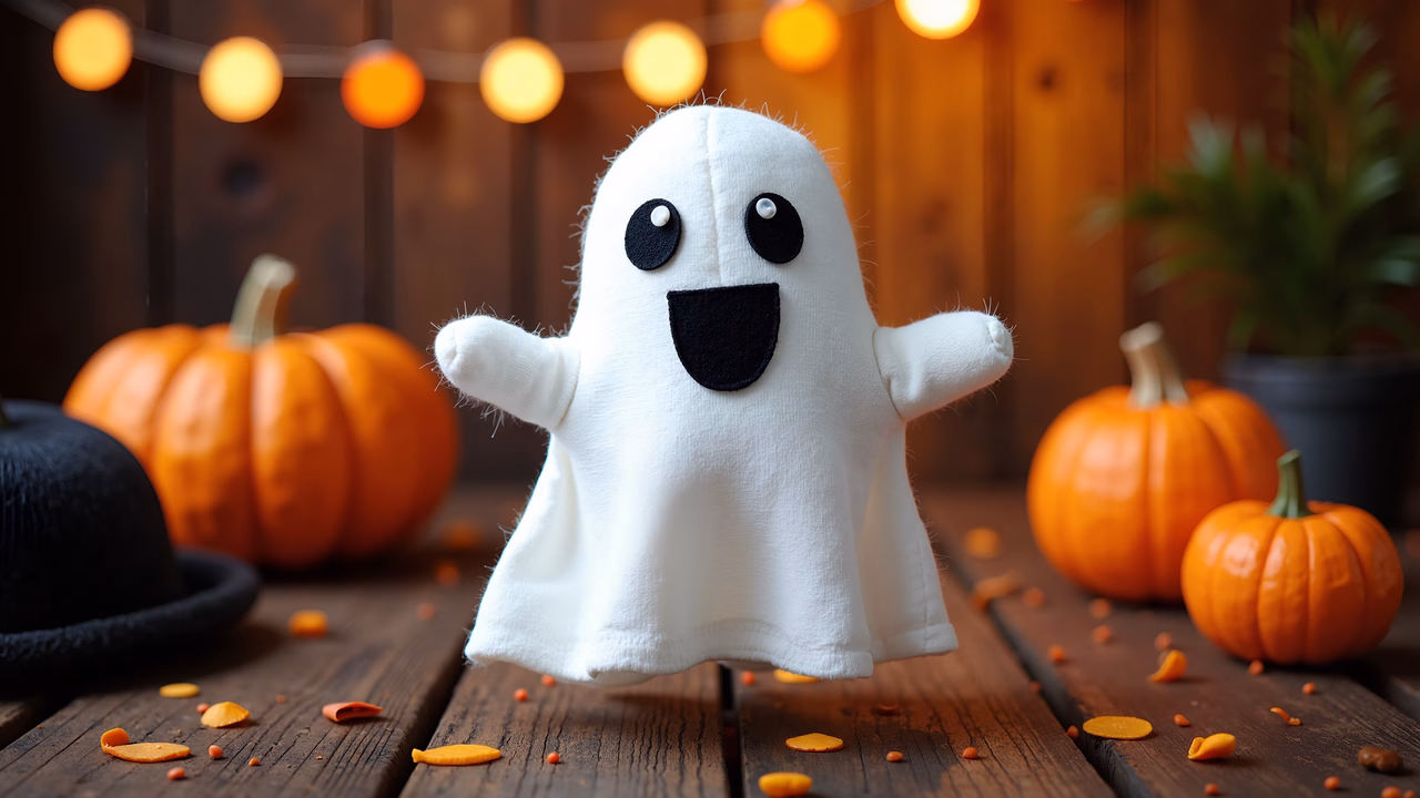 Cute Halloween ghost plush surrounded by pumpkins and candy pieces.