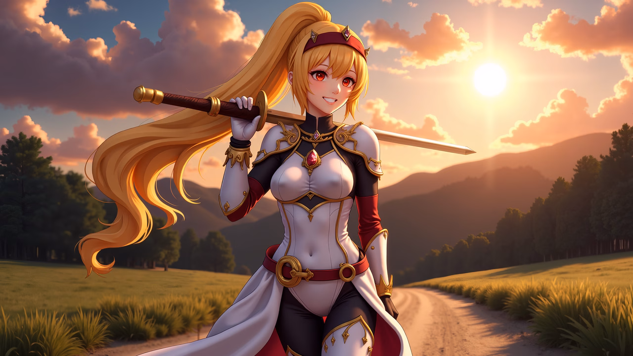 A knight stands poised at dawn, ready for battle amidst a serene landscape.