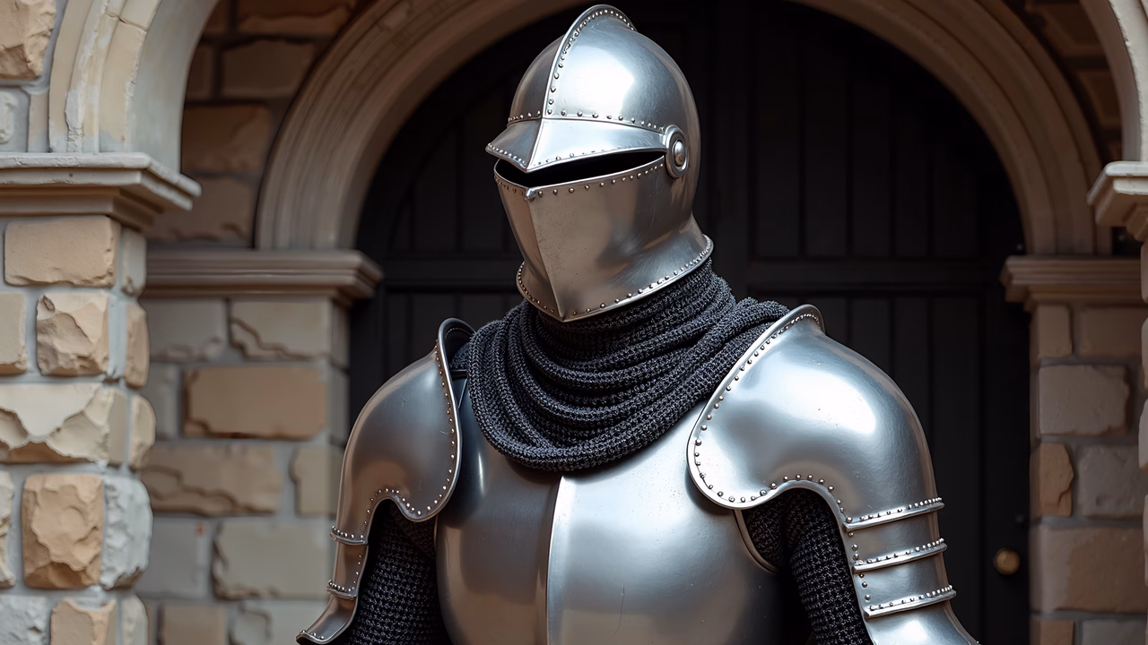 Close-up of a knight in shiny silver armor against a stone wall backdrop.